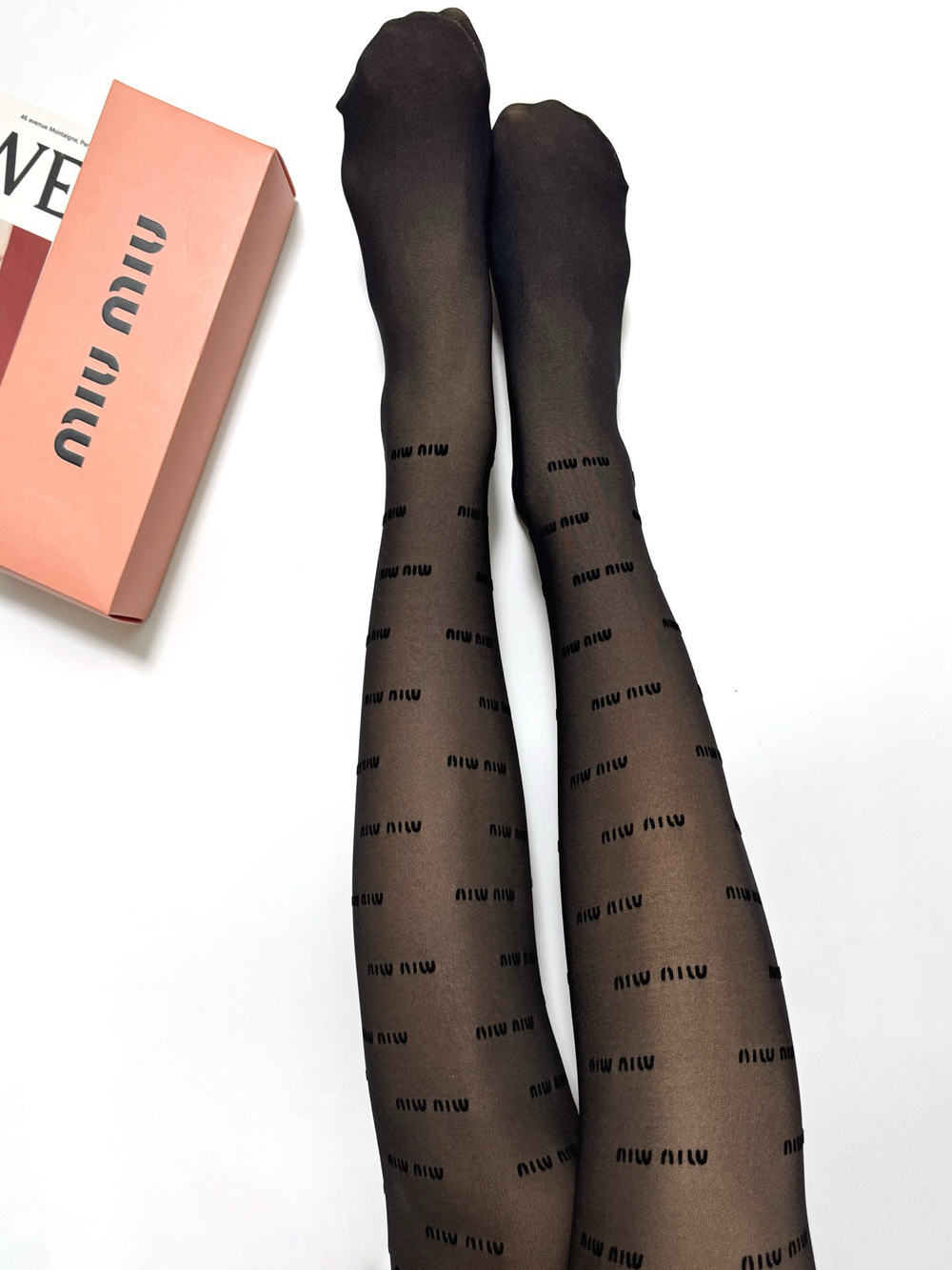 Miu Miu Logo Print Black Thick Opaque Tights Hosiery